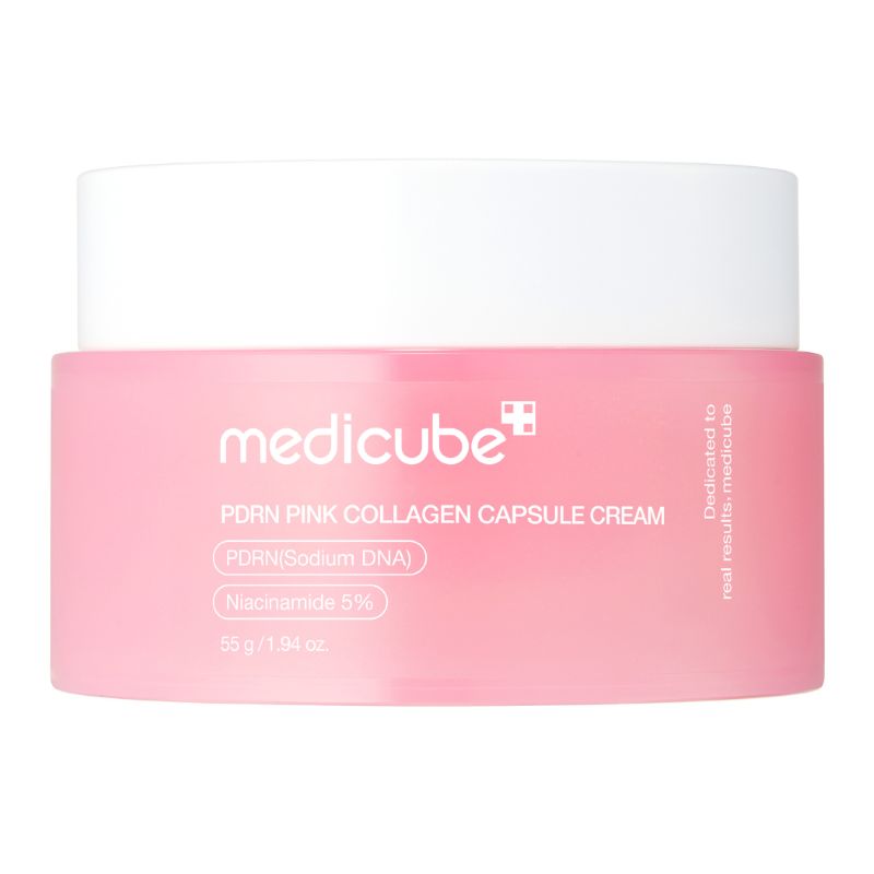 A jar of medicube PDRN Pink Collagen Capsule Cream, featuring a soft pink body and a white lid, set against a plain white background.