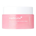 A jar of medicube PDRN Pink Collagen Capsule Cream, featuring a soft pink body and a white lid, set against a plain white background.
